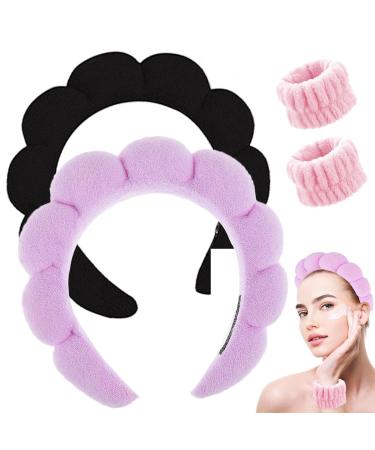 Spa Headband for Washing Face Makeup Headband Bubble Skincare Headbands with Face Wash Wristbands Terry Cloth Headband Soft Puffy Headband for Women Gifts Black+Purple