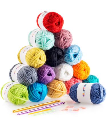 rochet Kit 16x20g 700 Yards of Acrylic Yarn Skeins with 2 Hooks, 2 Weaving Needles and 4 Stitch Makers - Soft Yarn for Crocheting and Knitting Craft Project, Assorted Starter Yarn Bulk Pack