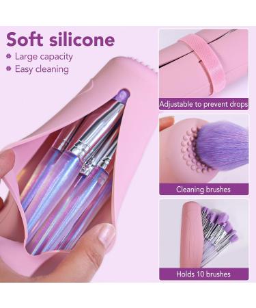 BEAKEY Travel Silicone Makeup Brush Bag 12 Pcs Set | Premium Synthetic Foundation & Eyeshadow Brushes | Portable Organizer Holder in Purple & Pink - Buy Online on SooperMarket.com