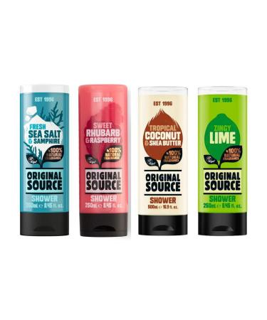 Original Source Shower Gel Set 4 x 250ml NEW Fragrance Fresh Sea Salt & Samphire Sweet Rhubarb and Raspberry Zingy Lime and Tropical Coconut & Shea Butter