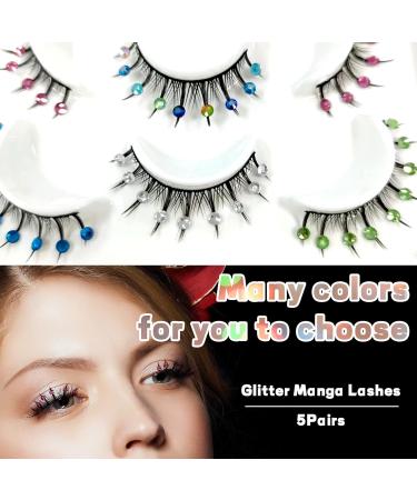 5 Pairs Manga Lashes - Glitter Colored Eyelashes with Diamond Decor | Natural Look Japanese Lashes - DIY Glitter Lashes (1 oz - Buy Online on SooperMarket.com