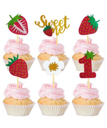 Mulukaya 24Pcs Glitter Strawberry Sweet One Cupcake Toppers Treat Cake Picks for Fruit Theme Berry First Birthday Party Decorations Supplies