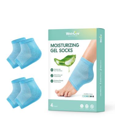 Welnove Moisturizing Heel Socks - 2 Pairs Aloe Vera Extract Infused Gel Lining for Dry Feet - Cracked Heel Repair Treatment - Cotton Socks for Women Men Foot Care (Regular Sizes) Blue Regular