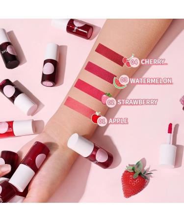 4 Colors Lip Tint Stain Set - Long Lasting Korean Lip & Cheek Tint - Waterproof Mini Liquid Lipstick with Plumping Gloss - Vivid Apple, Watermelon & Strawberry Shades - Buy Online on SooperMarket.com