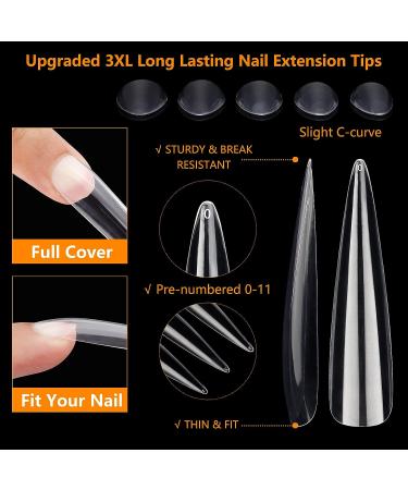 360Pcs Clear XXXL Stiletto Acrylic Nail Tips - Professional Full Cover Fake Nails - Nail Extension Kit for Salon & Home DIY Nail Art - 12 Sizes - Buy Online on SooperMarket.com