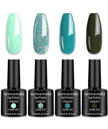senvenski Teal Gel Nail Polish Blue Glitter Mint Olive Army Aqua Green Emerald Turquoise Starrily Sparkle Crystal Shimmer Girlfriend Gift Soak Off Set UV LED Art Varnish Kit (CS007)