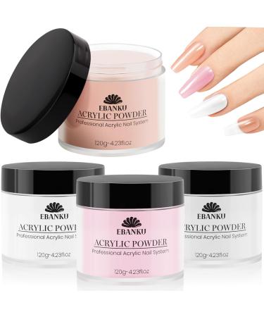 480g Acrylic Powder Set of 4 EBANKU Acrylic Powder Large Capacity Professional Acrylic Nail Powder for Nail Acrylic Extension Nail Carving Long-Lasting No Nail Lamp Needed