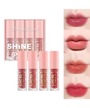 4Pcs Shimmer Lip Gloss Set Plumping Liquid Nude Lipstick Set Moisturizing Lip Stain Long Lasting Waterproof Non-Stick Cup Not-Fade Shiny Lip Gloss Set for Women Glitter Lip Makeup Kit - Set A