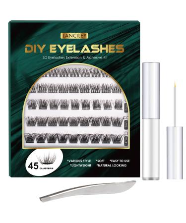 Lanciley Individual Lashes DIY Eyelash Extension Kit at Home 45 Pcs 5 Styles 10/11/12/13/14mm C CC D Curl Cluster Lashes Mixed Natural Fluffy Wispy False Eyelashes with Eyelash Glue Tweezers Set 45 clusters - mix