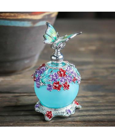 H&D Retro Frosted Blue Glass Perfume Bottle 23ml with Butterfly Stopper - Refillable & Stylish International Shipping - Buy Online on SooperMarket.com
