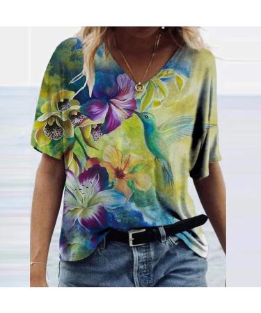 Women's Plus Size Floral Print V-Neck Tunic Top - Green XL | Short Sleeve Casual Loose Tee - Buy Online on SooperMarket.com