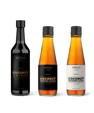 Millico Organic Coconut Cooking Sauces and Condiments Bundle - Excellent for cooking stir-frying espacially for Thai Cuisine soy free less sodium made from coconut flower nectar & sea salt