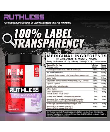 Iron Brothers Supplements Ruthless Pre workout Powder for Women & Men | Creatine-Free Nitric Oxide Booster | Energy & Focus | Workout Supplement Bulk Pre-Workout | 40 Servings (Grape Cotton Candy) - Buy Online on SooperMarket.com