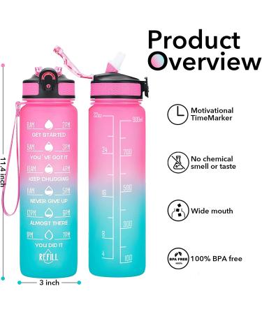 Hyeta 32oz Motivational Water Bottle with Time Marker & Straw - Pink-Green | Leakproof BPA-Free Sports Bottle for Fitness, Gym & Outdoor - Buy Online on SooperMarket.com
