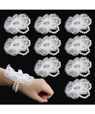 LEEFONE Pack of 10 Elastic Pearl Wrist Corsage Bands Wristlets DIY Wrist Corsages Accessories for Bride Flowers Prom Beach Party Supplies (White Lace)