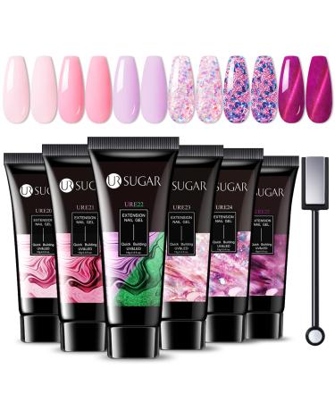 Ur Sugar polygel set cateye magnet poly extension gel nail set nail extension builder gel 6 colors 15ml colors pink glitter shines in the dark poly nail gel tubes for nail set