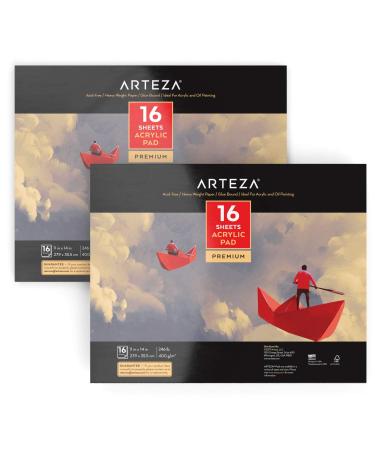 Arteza Acrylic Pad, Pack of 2, 11 x 14 Inches, 16 Sheets Each, Heavy 246-lb Art Paper, Art Supplies for Acrylic Painting, Oil Painting, & Drawing 11x14 Inch White