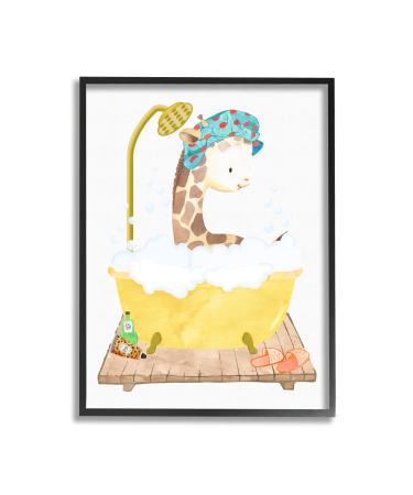 Stupell Industries Children's Giraffe Animal Bubble Bath Yellow Bathroom Black Framed Wall Art  White