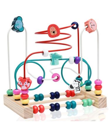 Atoylink 2 in 1 motor loop Montessori toys abacus pearls labyrinth motor skills fine motor skills motor cubes wooden toys educational toys gift for children baby 1 2 3 years (c)