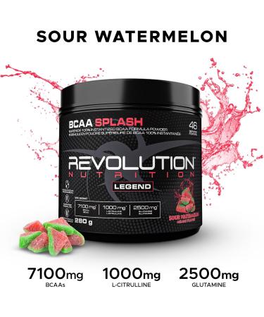 Revolution Nutrition BCAA Splash BCAA Powder Vegan Formula Zero Calorie Lactose Free Muscle Recovery Post Workout 7100 Mg of Branched Chained Amino Acid 1000 mg Citrulline Malate 280 G 46 Servings (Sour Watermelon 0.62 Pound) Watermelon 0.62 Pound - Buy Online on SooperMarket.com