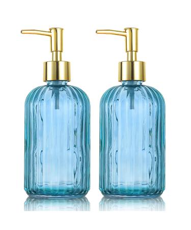 Versatile Glass Soap Dispenser Bottle with Pump 14 Oz Dripless Pump Bottle Refillable Liquid Hand Jar Dispenser for Bathroom Countertop Kitchen Laundry Room(Blue 2 Pack)