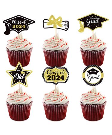2024 Graduation Cupcake Toppers - 12Pcs Glitter Black Gold Class of 2024 Congrats Grad 2024 Cap Diploma Cupcake Picks Graduation Cake Decorations for 2024 Graduation Party Supplies