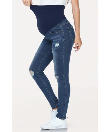 PACBREEZE Maternity Jeans Over Belly Slim High Waist Denim Pants, Ripped Indigo Blue XXL - Buy Online on SooperMarket.com
