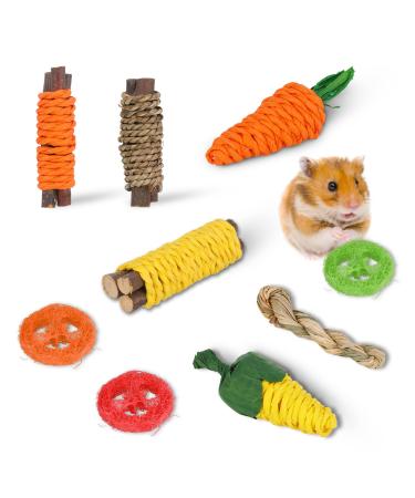 AKlamater Bunny Chew Toys for Teeth Rabbit Chew Toys 9Pcs Rabbit Toys Treats for Bunny Loofah Wood for Rabbit Chinchilla Guinea Pig Hamster