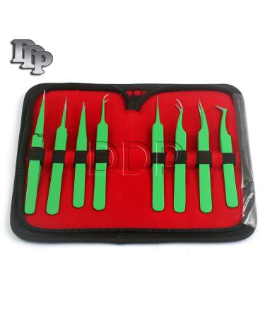 DDP SET OF 8 PIECE STAINLESS STEEL GREEN COLOR EYELASH EXTENSION TWEEZERS