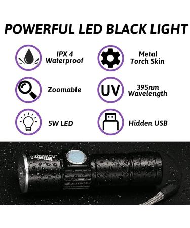 ADQOO UV Torch Rechargeable Blacklight Flashlight LED Mini Ultraviolet Torches USB Black Light Zoomable 395nm Detector for Dog Cat Pet Urine Stain Bed Bugs and More - Buy Online on SooperMarket.com