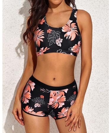 Yonique Women's 3-Piece Athletic Tankini Swimsuit Set - X-Large Pink Floral & Black - Buy Online on SooperMarket.com