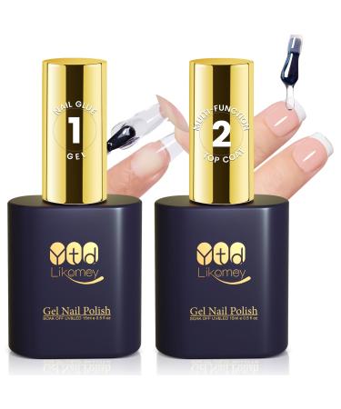 YTD Likomey Nail Glue and Top Coat Set for False Nail Tips Press On Nails 15ml Nail Glue Gel and 15ml 2-in-1 Buider Gel Multi-Function Top Coat Strong Adhesive Protect French Acrylic Nails 2 15ml Nail Glue Gel and Top Coat 0.2 Fl Oz (Pack of 5)