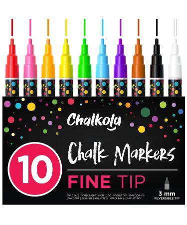 Chalkola 10 Fine Tip Liquid Chalk Markers for Chalkboard Signs, Blackboard, Window, Labels, Bistro, Glass, Car (10 Pack 3mm) - Wet Wipe Erasable Ink Chalk Board Markers, 3mm Reversible Tip Chalk Pens 3mm Fine Tip - Neon