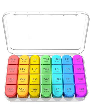 Zoksi Weekly Pill Organizer 4 Times a Day Rainbow Pill Box Organizer 7 Day Am Pm Pill Box Large Travel Pill Case Daily Medication Organizer with 28 Compartments for Fish Oils Clear