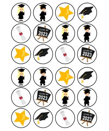 24 Graduation Mix Edible Cupcake Toppers - Premium Thickness SWEETENED VANILLA - wafer card disc cake decorations