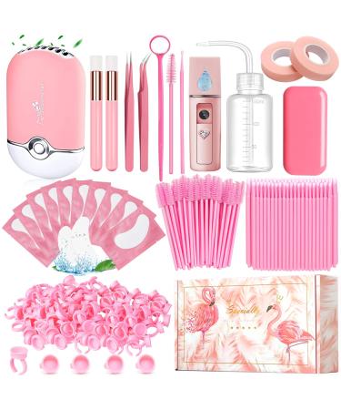 Eyelash Extension Supplies USB Air Conditioning Blower Facial Mister Lash Tweezers Mirror Mascara Brush Lash Shampoo Brush Bottle Silicone Pad Glue Rings Under Eye Gel Pads Micro Applicators Tapes Pink