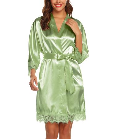 BESDEL Women's Satin Silk Bathrobe Oblique V-Neck Short Kimono Robe Bridesmaids Robe XS Light Green