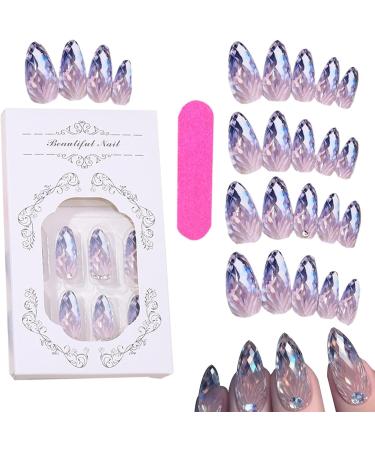 French Tip Press on Nails Almond Shape Stick on False Nails | Rhombus Crystal Fake Nail Kit in 12 Sizes Glue Included for Women Girls Nail Art Lovers - Buy Online on SooperMarket.com