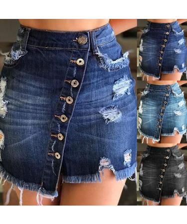 Sanahy Women's Dark Washed Bodycon Denim Skirt - Frayed Mini Pencil Skirt with Front Split and Asymmetrical Distressed Design - Navy XXL - Buy Online on SooperMarket.com