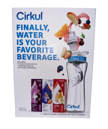 22 oz Plastic Water Bottle Starter Kit with Comfort Grip Lid & 3 Flavor Cartridges (Fruit Punch Mixed Berry Black Cherry) (Blue & Clear)