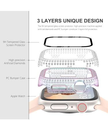 Surace Apple Watch Case 44mm with 300 Diamonds and Screen Protector - Rainbow Iridescent Bling Cover for Apple Watch Series 6/5/4/3/2/1 - Tempered Glass Protective Cover - Buy Online on SooperMarket.com