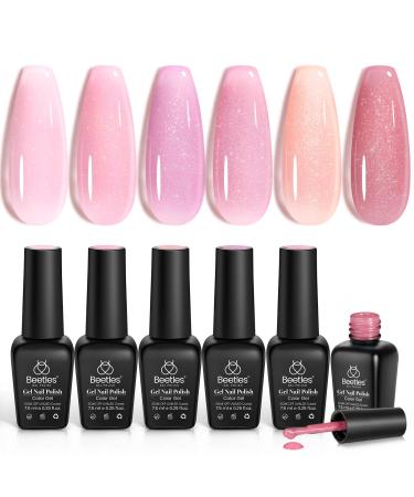 beetles Gel Polish 6pcs Jelly Glitter Gel Polish Nude Pink Natural Pink Shimmer Color Gel Soak off UV LED Cured Art Manicure Set Easy DIY Nail Art Salon Romantic Shimmer