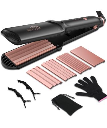 Hair Crimper for Women 4 in 1 Flat Crimping Iron Plates Ceramic Waver Hair Tool Hair Straightener Curling Iron with 15s Fast Heating Rose Gold