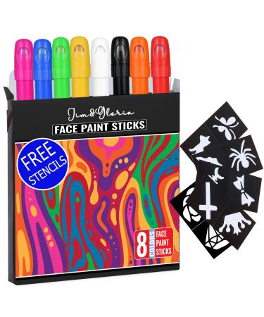 Jim&Gloria Face Paint Makeup Kit - 8 Large Pens with Stencils Washable Body Markers for Kids and Adults. Cool stuff for Football Games Sports Halloween The day of the dead Thanksgiving Christmas Gift