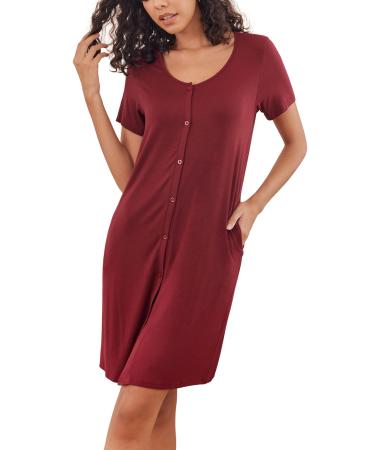 Ekouaer Women Nighties Short Sleeve Above Knee Soft Nightdress Button Down Nighties Ladies loose Sleepwear Summer Loungwear with Pockets L Winerot