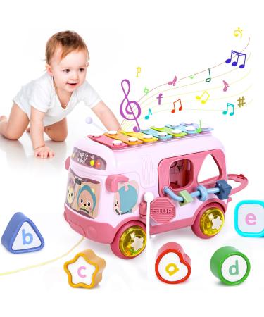Yellcetoy toys gift from 1 year girl musical bus with xylophonous motor cubes Rassel wheel baby sensory toys motor skills educational toys for children from 12-18 months pink