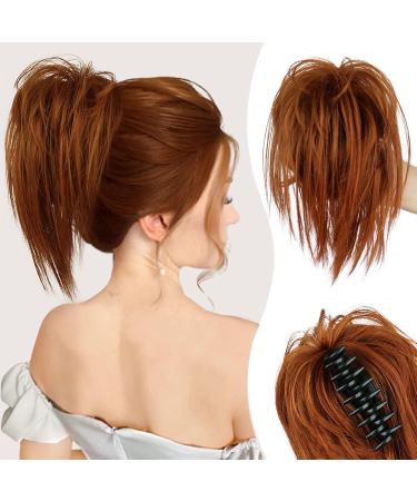 PORSMEER Claw Clip in Ponytail Hair Extensions Messy Bun Chignon Hair Piece Natural Straight Extensions for Women Girls Tousled Updo Short Ponytail Bun Copper Red 10 inch Auburn
