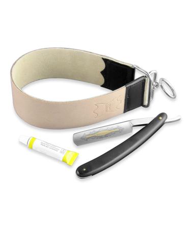 Shaving set razor gold etching hollow grind with leather strop and paste from SOLINGEN 3-piece
