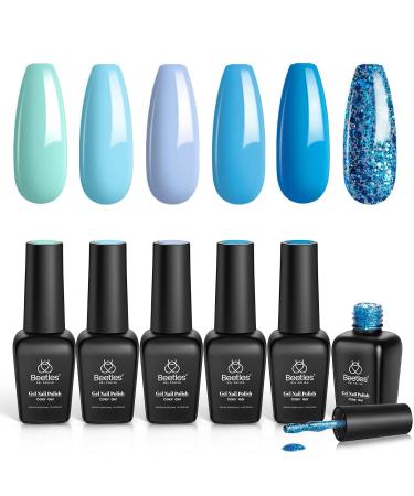 Beetles Gel Nail Polish Set- Summer Splish Splash Collection 6 Pcs Glitter Bule Nail Gel Polish Kit Soak Off UV LED Lamp Gel Nail Kit Nail Art Manicure Salon DIY at Home Gifts for Women A-Splish Splash