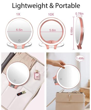 Rechargeable LED Makeup Mirror - 10X1X Double Sided, 3 Color Settings, Rotatable - Rose Gold - Buy Online on SooperMarket.com